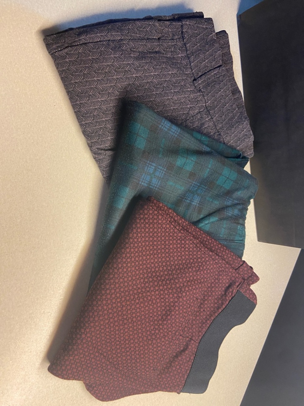 Three Patterned Casual Pants - Navy, Teal Plaid, Burgundy